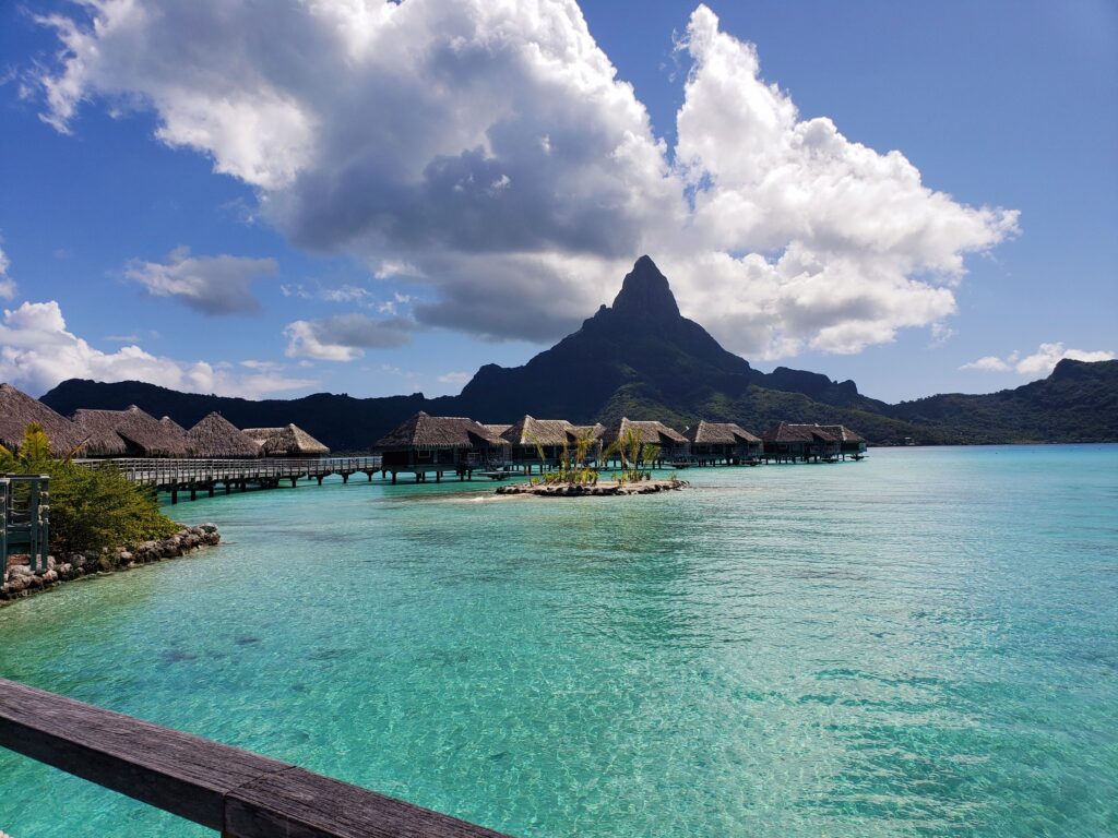 Over the water bungalows and clear blue, calm waters at the Intercontinental Bora Bora resort & Thalasso Spa.