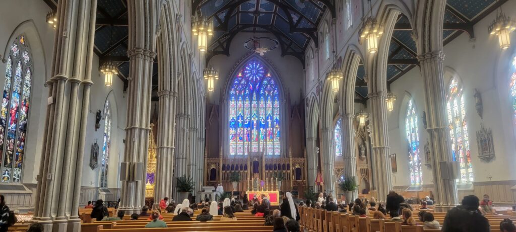 Interior of St. Michael's Cathedral, free to visit in Toronto, with stain glass windows and gothic architecture.