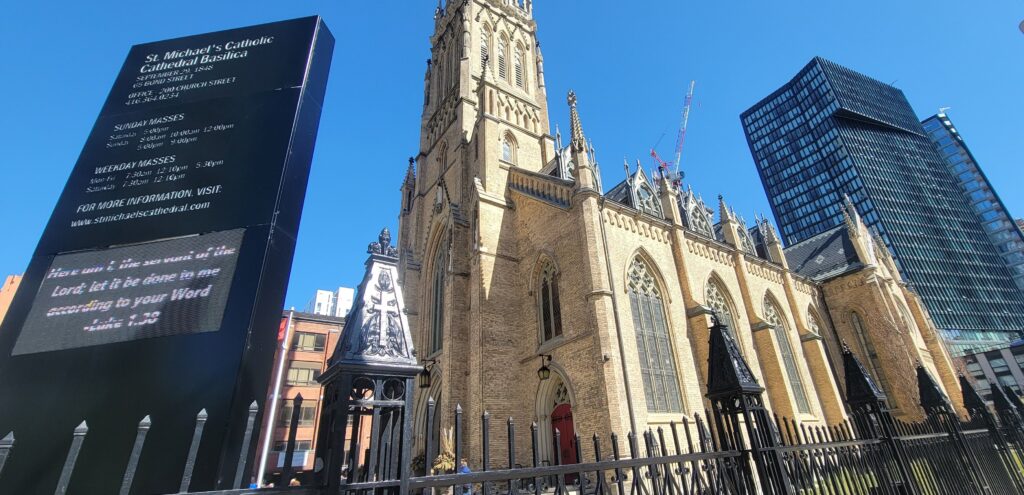 Exterior of St. Michael's Cathedral Basilica, free to visit in Toronto.