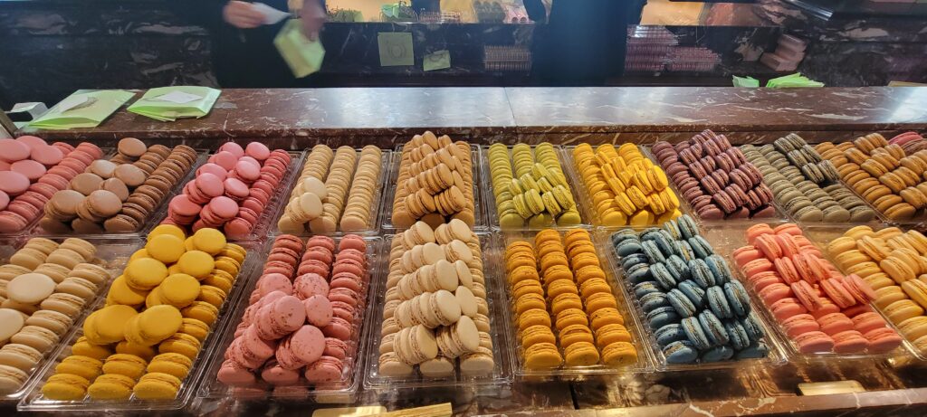 Variety of colourful macarons on display in Paris.