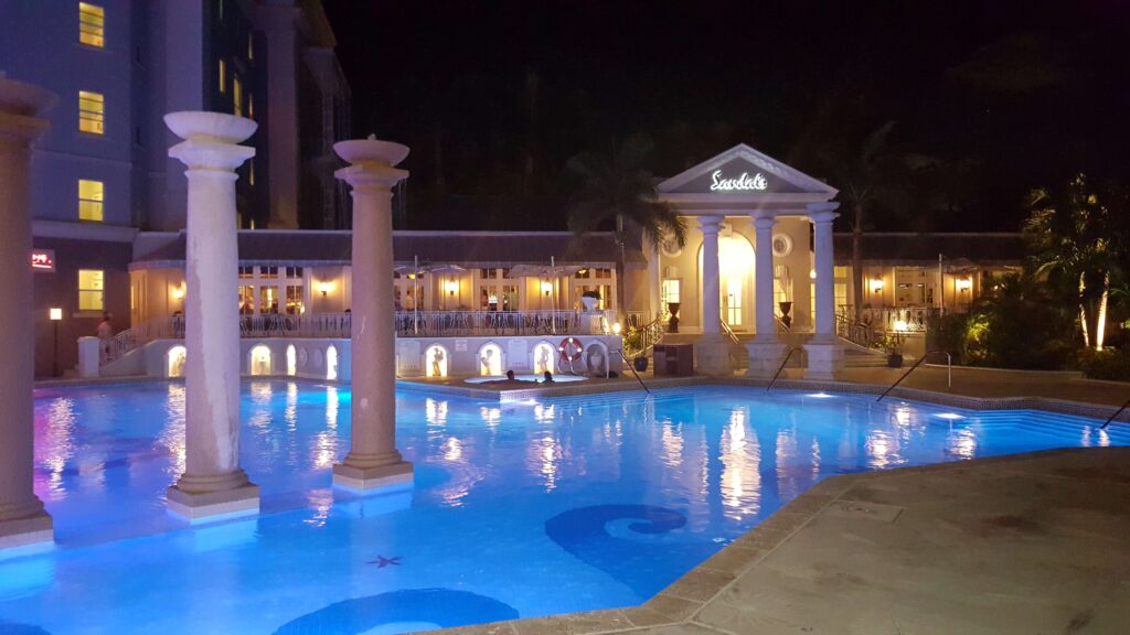 Pool at night at the Sandals Royal Bahamian in Nassau, Bahamas