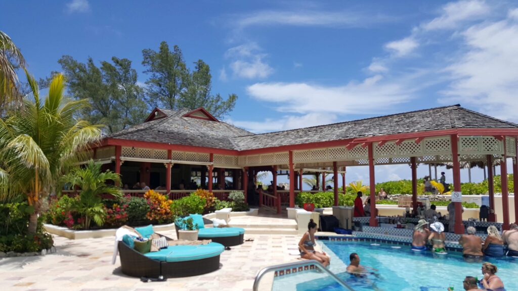 Pool and restaurant at Barefoot Cay at Sandals Royal Bahamian