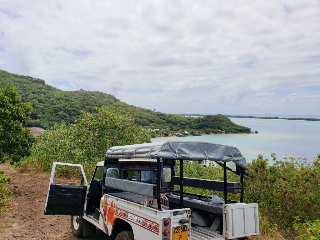 Jeep from our excursion with beautiful view of Bora Bora.