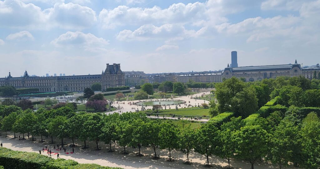 Elevated view of Jardin des Tuileries , including the fountain, in Paris, France.