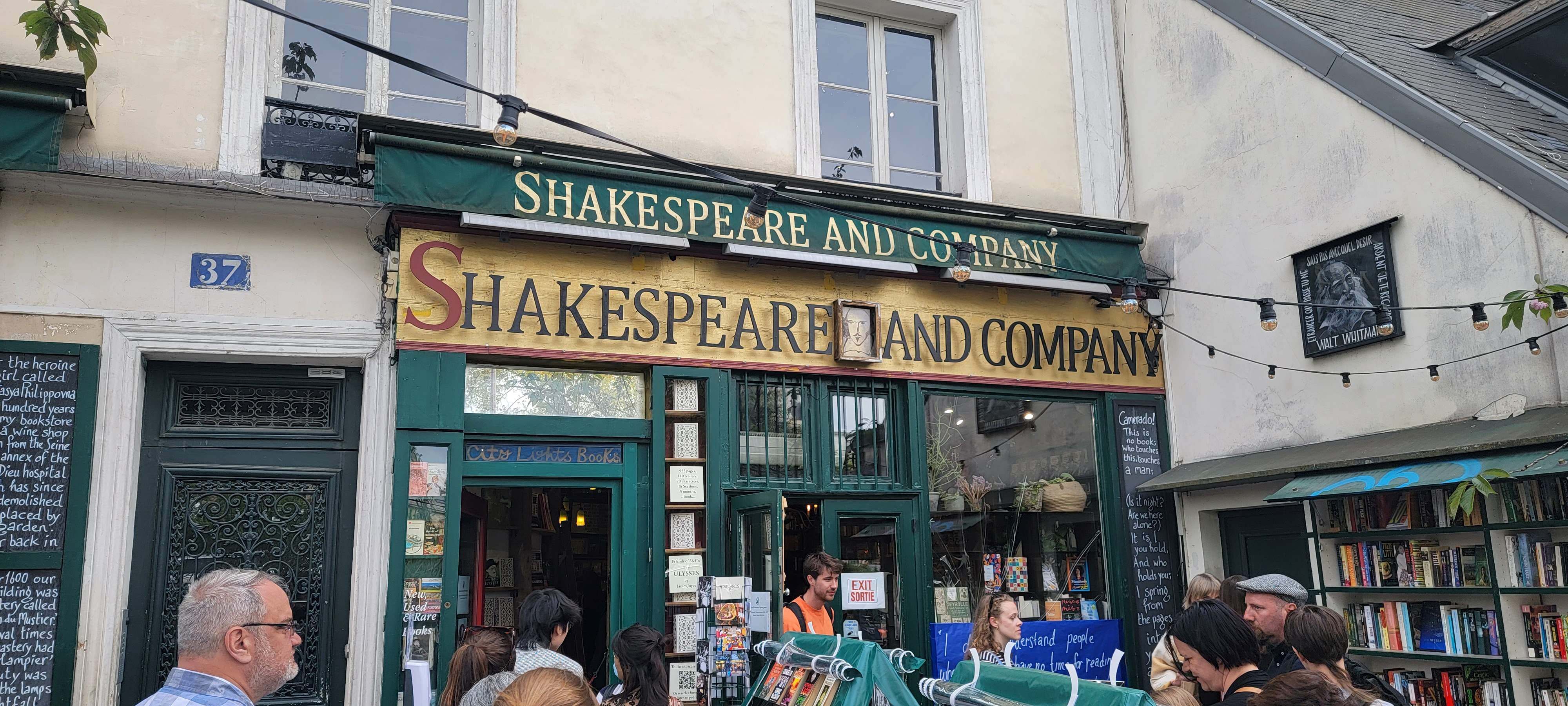 Exterior of the Shakespeare and Company bookstore in Paris France.