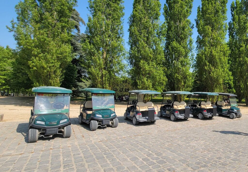 Six small electric vehicles, available for rent, parked at the Palace of Versailles.