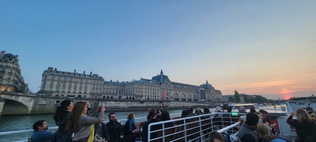 Sunset and view from the cruise on the Seine in Paris, France.