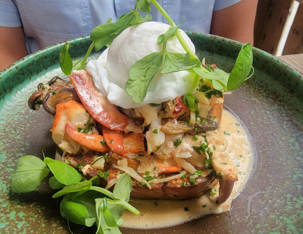 close up of lobster and mushroom brunch dish.