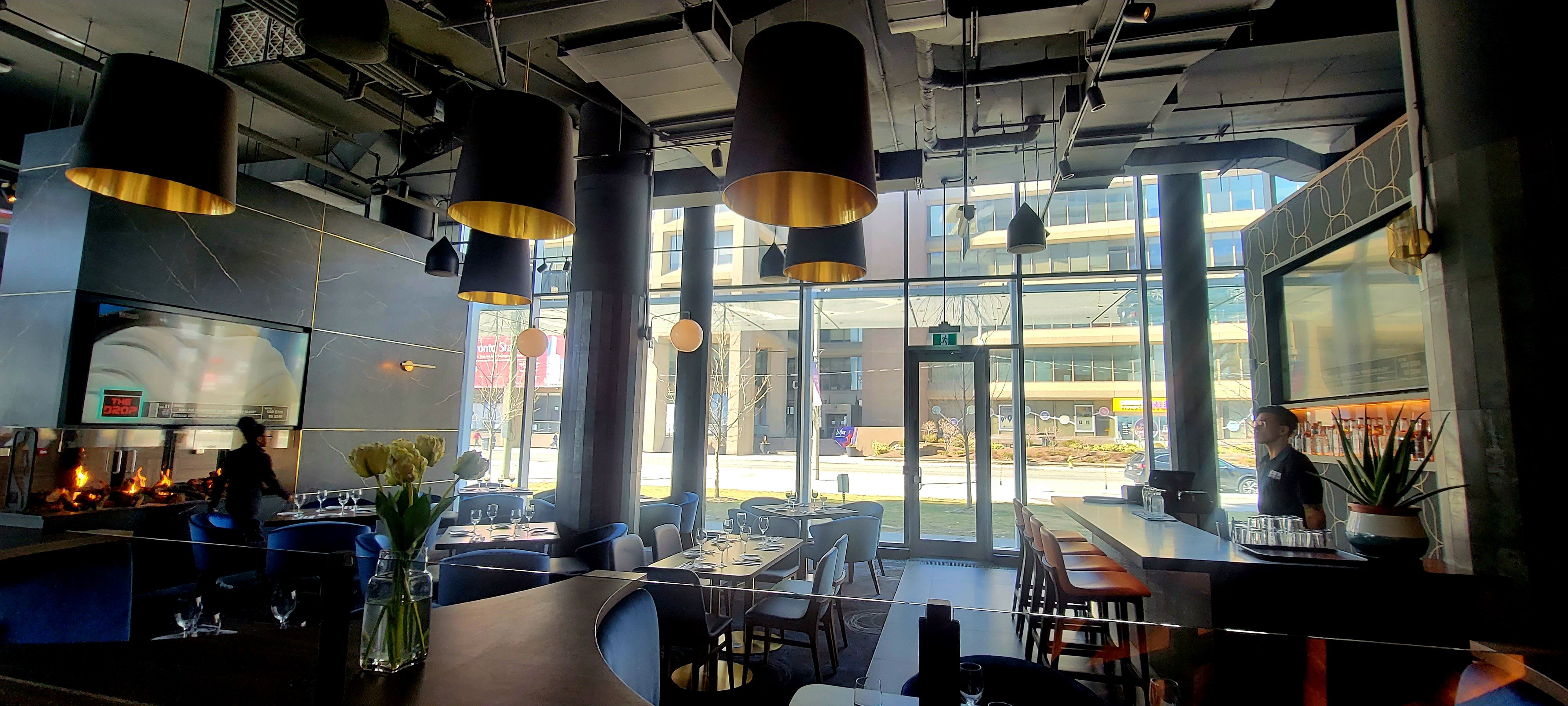 Seating at the front of the NBA Courtside Restaurant in Toronto.