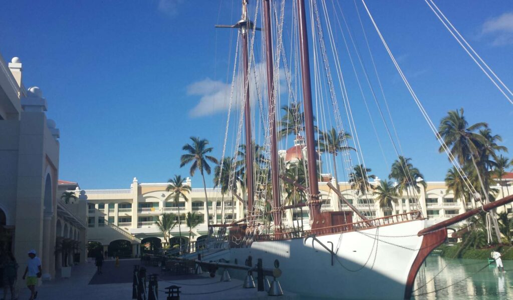 Iberostar Grand Bavaro hotel and the large ship anchored in the lagoon