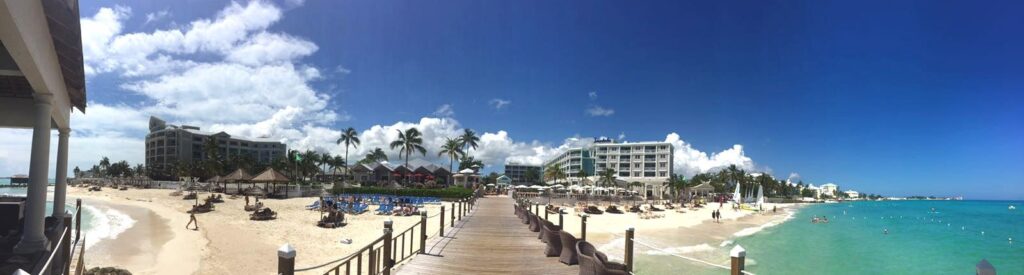 panoramic view from the pier of the beaches and resort at Sandals Royal Bahamian.