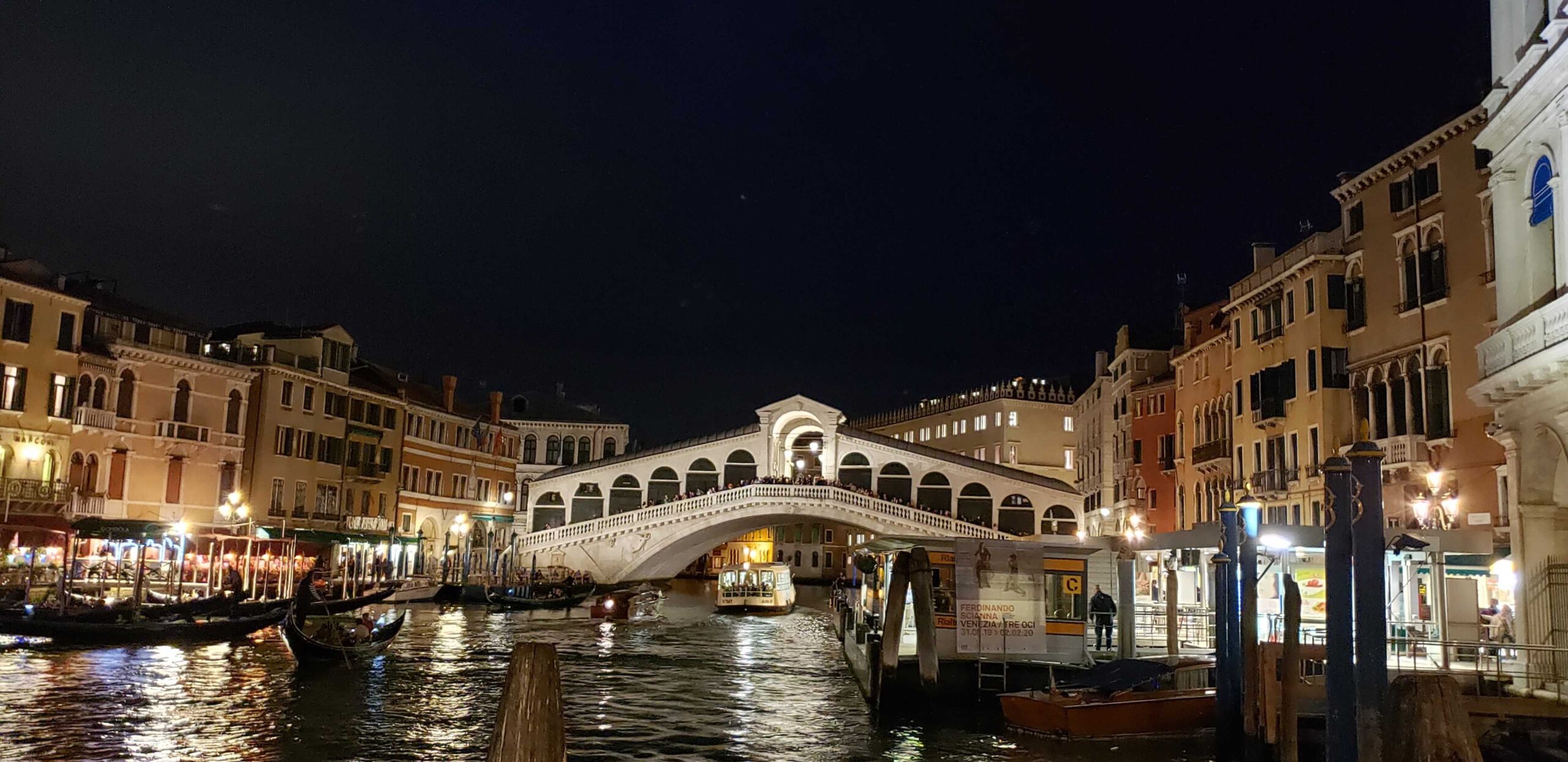 View of the Rialto bridge in the evening.