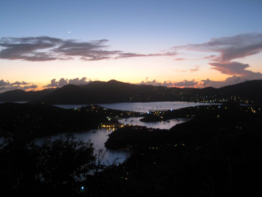 Stunning night time view of lit up English Harbour 