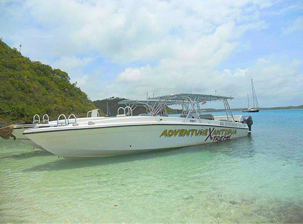 The Adventure Antigua powerboat from the Xtreme Circumnavigation tour in Antigua, docked.