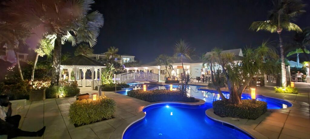 One of the pools, pictured in the evening with nice lighting, at Royal West Indies Resort, Turks and Caicos.