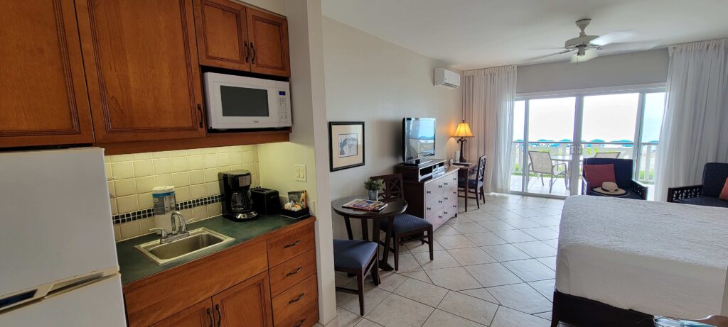 Picture of kitchenette and oceanfront studio suite at Royal West Indies Resort, Turks and Caicos.