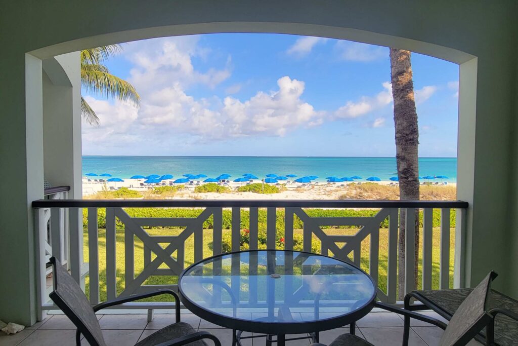 Beautiful oceanfront view from studio suite balcony at Royal West Indies, Turks and Caicos.