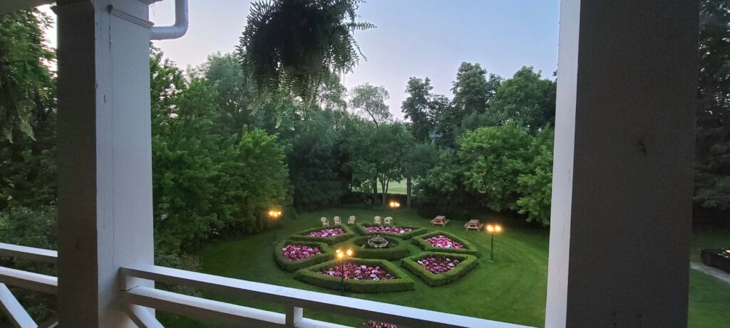 The beautiful garden in the evening from the second floor of The Charles Hotel in Niagara-on-the-Lake.