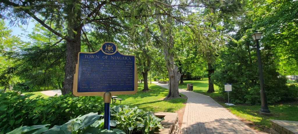 "Town of Niagara" signage in Simcoe Park in Niagara-on-the-Lake.