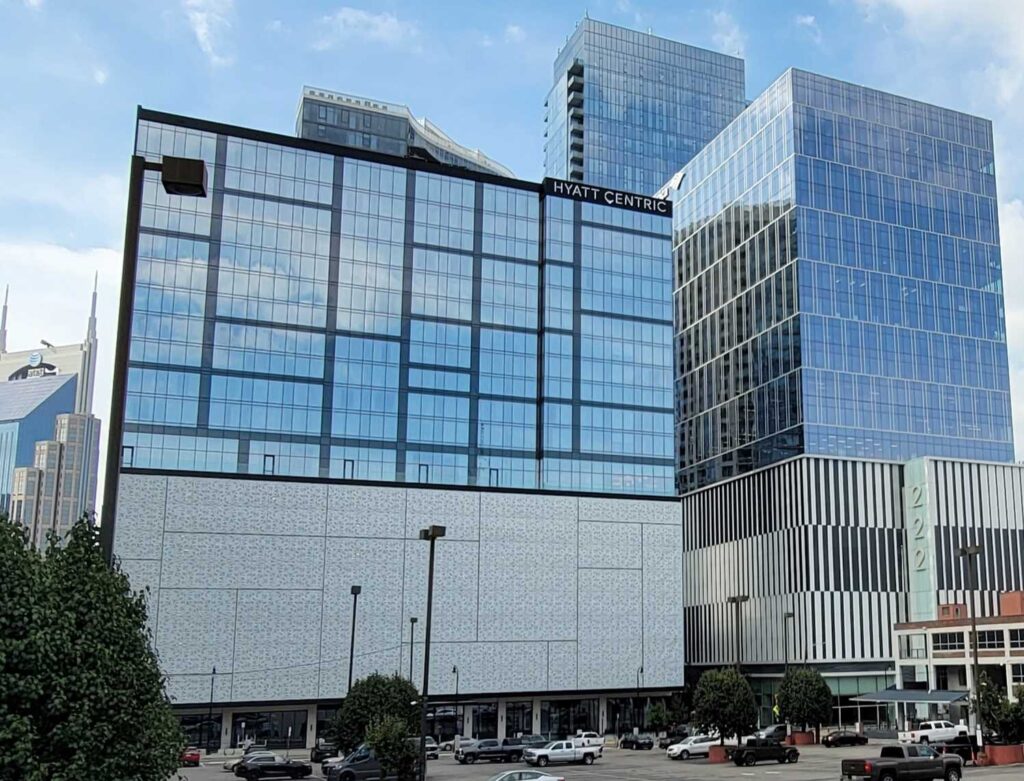 Exterior of Hyatt Centric Downtown Nashville hotel. 