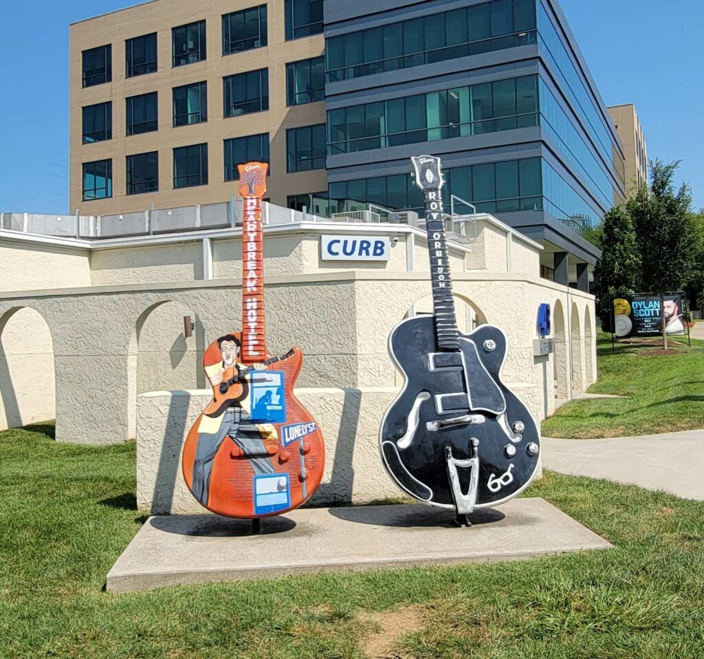 Two guitars in front of music studio in Nashville, Tennessee.