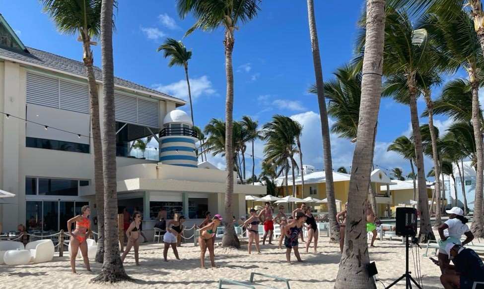 Aerobics on the beach at Coral Level at Iberostar Selection Bavaro Suites.