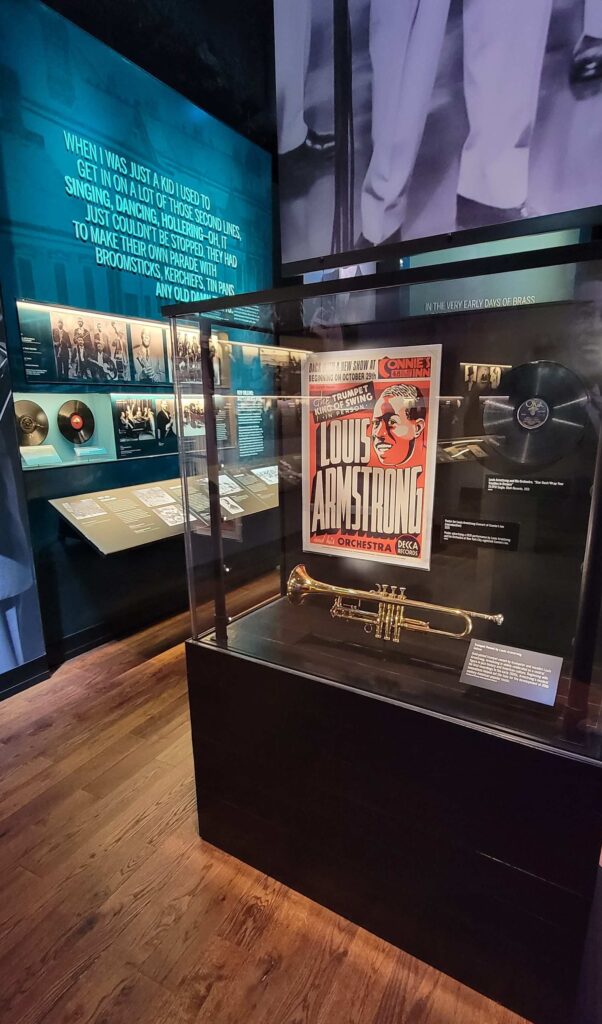 Louis Armstrong display of a trumpet and other artifacts in the National African American Music Museum.