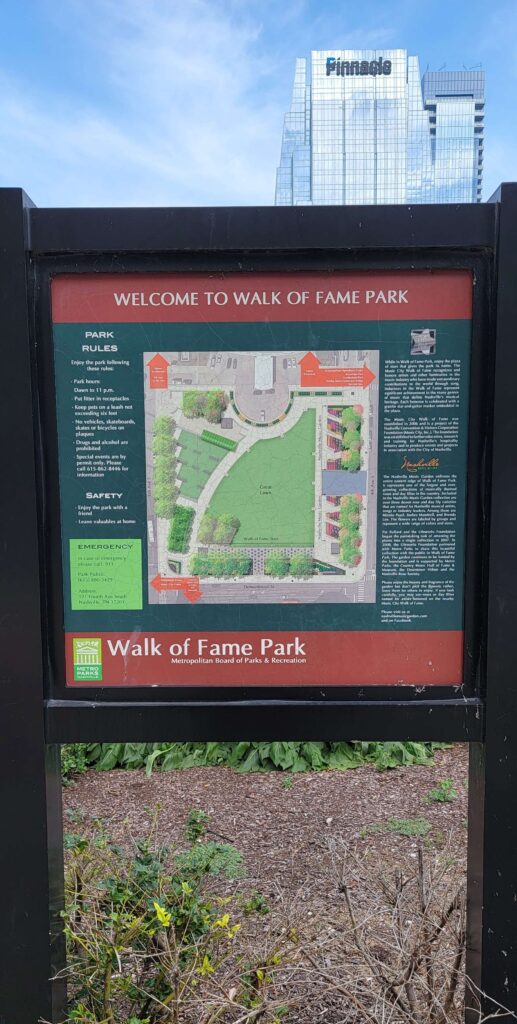 Welcome to Walk of Fame Park sign in Nashville.