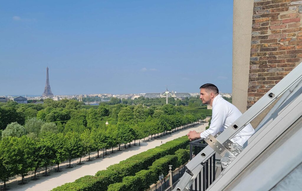 View including Eiffel Tower from our balcony at Hotel Brighton Paris in the morning.