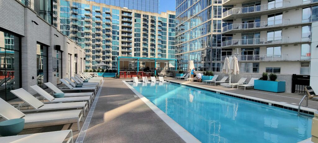 Outdoor pool at the Hyatt Centric Downtown Nashville in the morning.