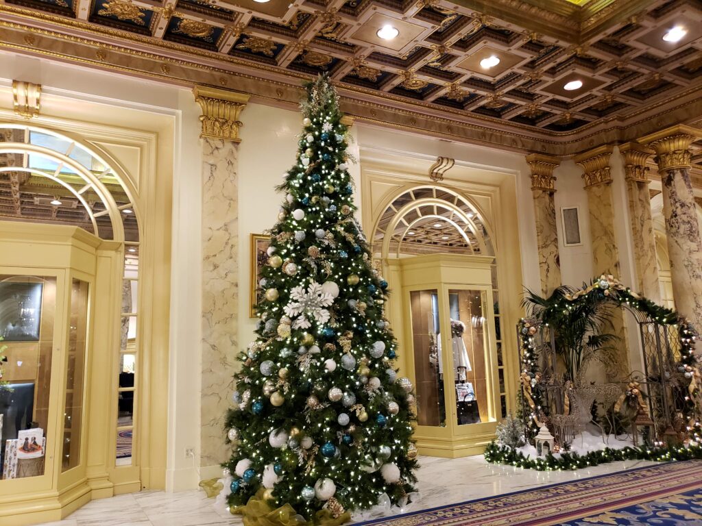 Beautiful Christmas tree in the lobby of Fairmont Copley Plaza Boston hotel.