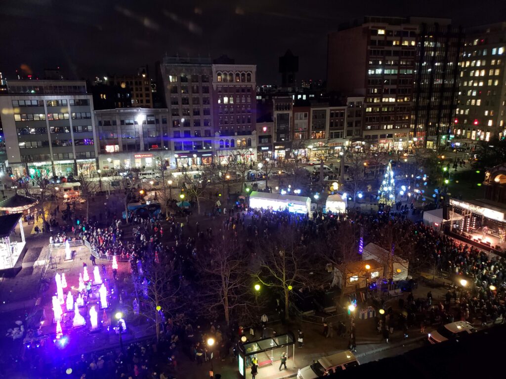 View of Copley Square park from our room at Fairmont Copley Plaza Boston hotel.