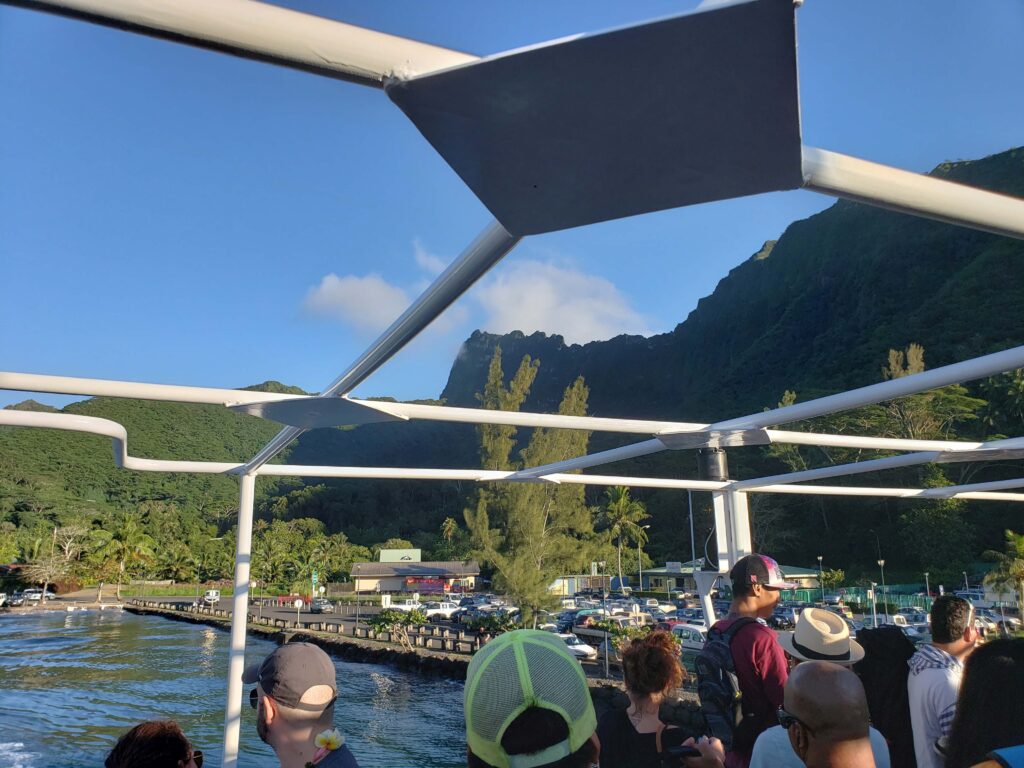 View of the lush island of Moorea from the ferry boat transfer from Tahiti.