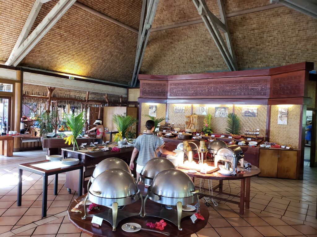 Breakfast buffet at the onsite restaurant at Hilton Moorea Lagoon Resort & Spa.