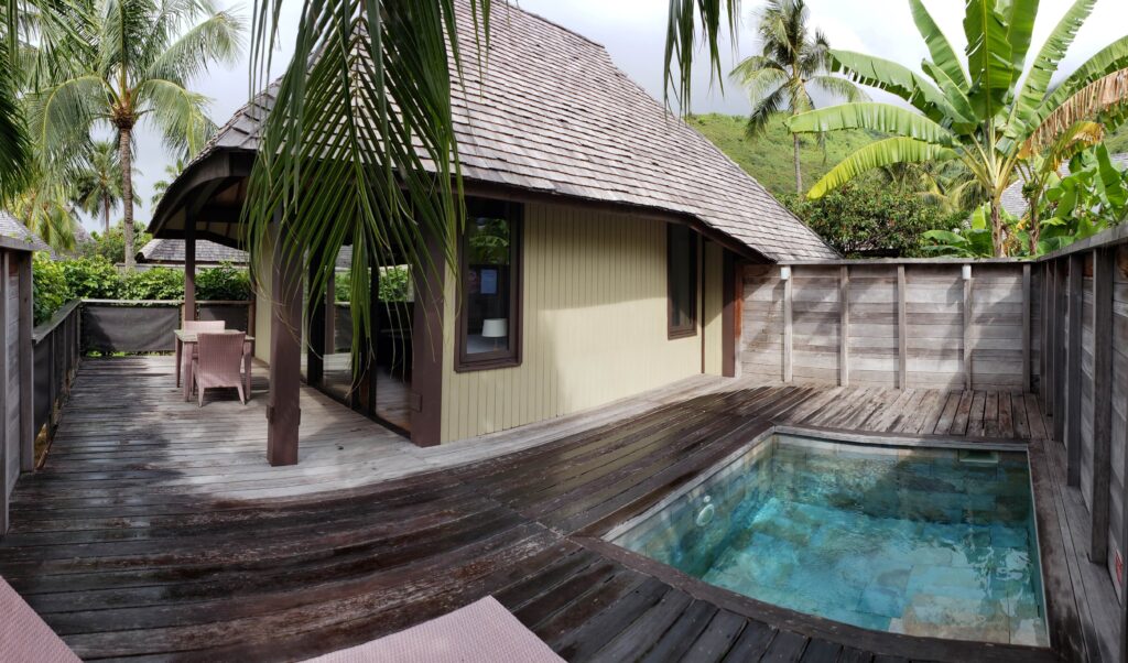 Our private terrace and pool in our garden bungalow at the Hilton Moorea Lagoon Resort & Spa.