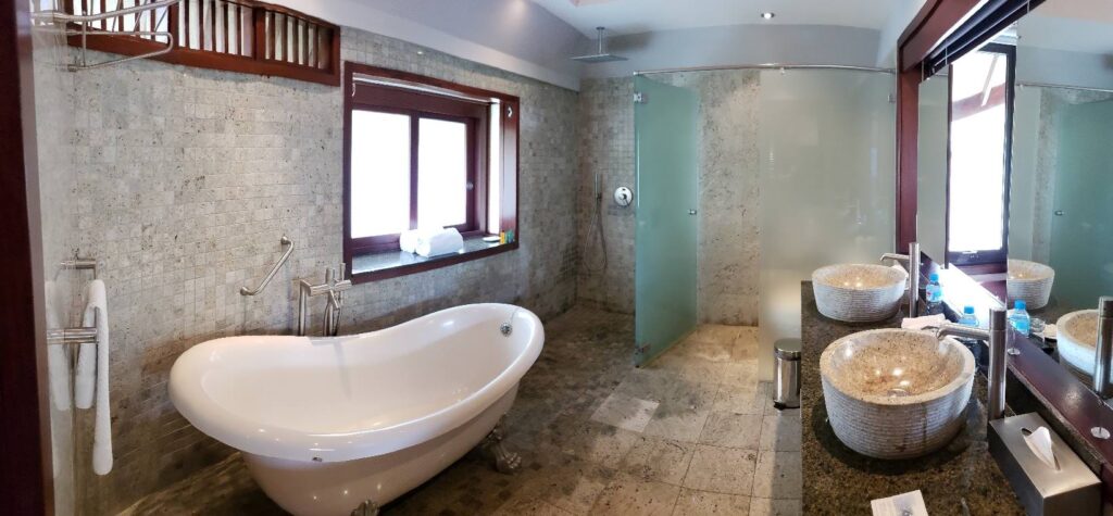 Spacious bathroom in our garden bungalow at the Hilton Moorea Lagoon Resort & Spa.