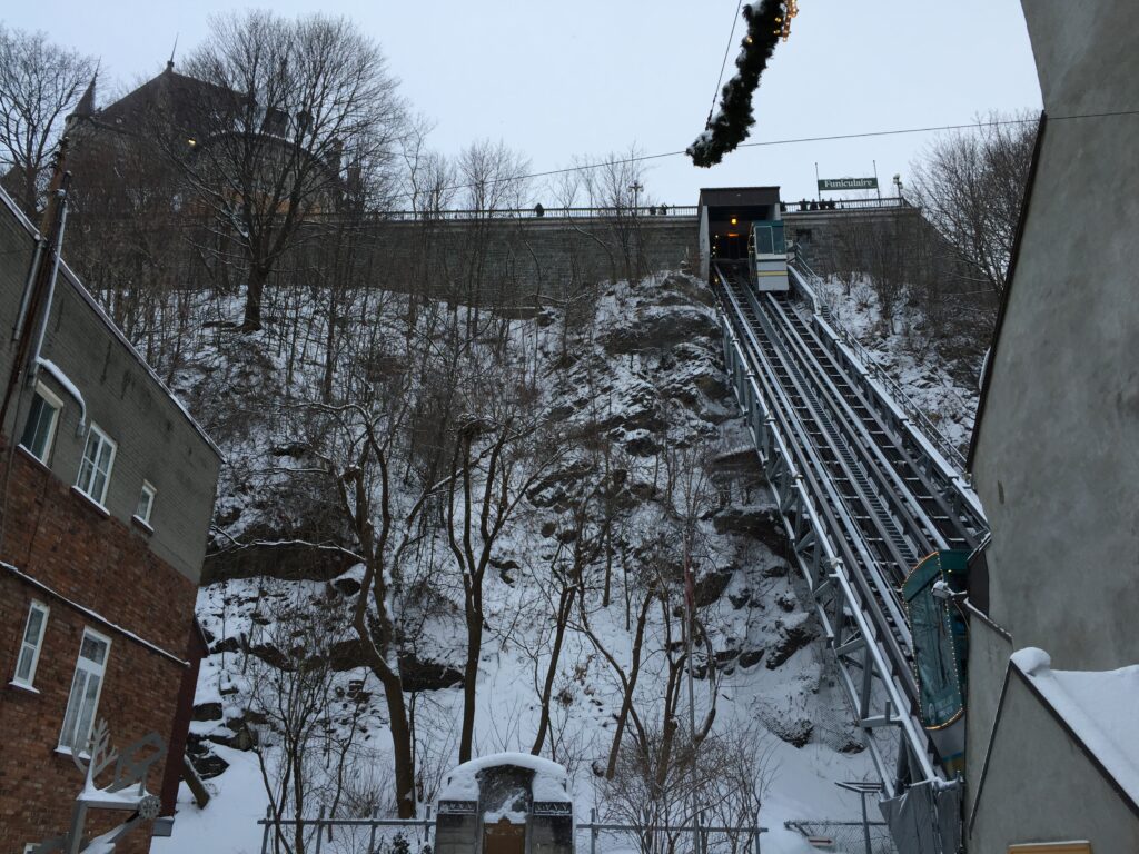 Picture of the Old Quebec Funicular from the base of the cable car ride on a winter day.