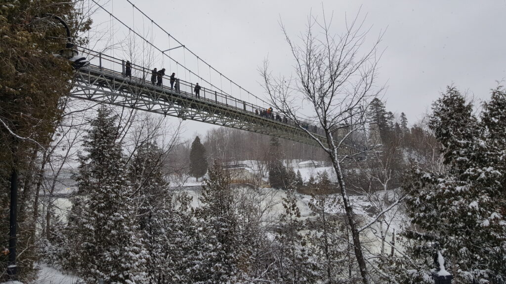 From our tour to Montmorency Falls, view of the suspension bridge there in winter.