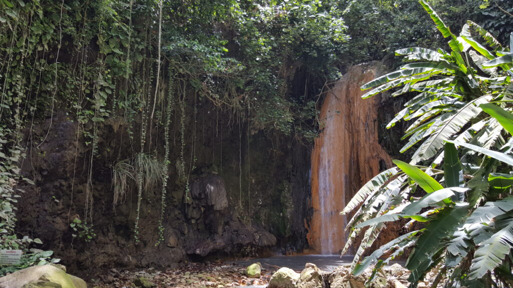 St. Lucia tour of Diamond Falls Botanical Gardens where we stopped to view the waterfall.