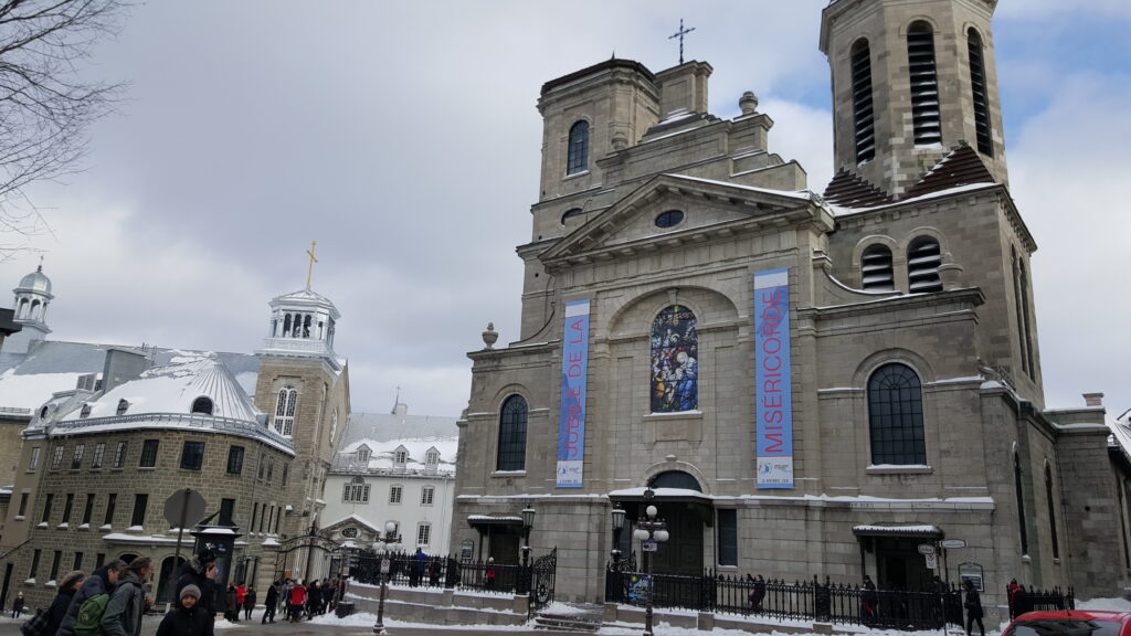 Exterior of Basilica Cathdral of Notre Dame de Quebec on winter day. 