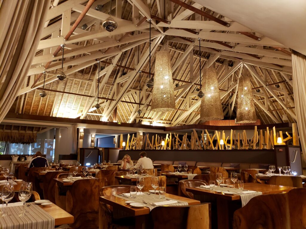 Interior of dining area at Reef Restaurant at the InterContinental Bora Bora & Thalasso Spa.